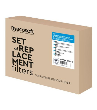 Standarta komplekts ar 5 rezerves filtriem ECOSOFT PP5-GAC-PP1-50GPD-POSTMIN