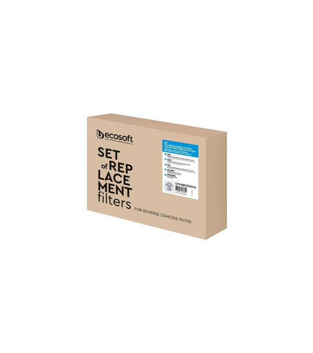 Standarta komplekts ar 5 rezerves filtriem ECOSOFT PP5-GAC-PP1-50GPD-POSTMIN Standarta komplekts ar 5 rezerves filtriem ECOSOFT PP5-GAC-PP1-50GPD-POSTMIN